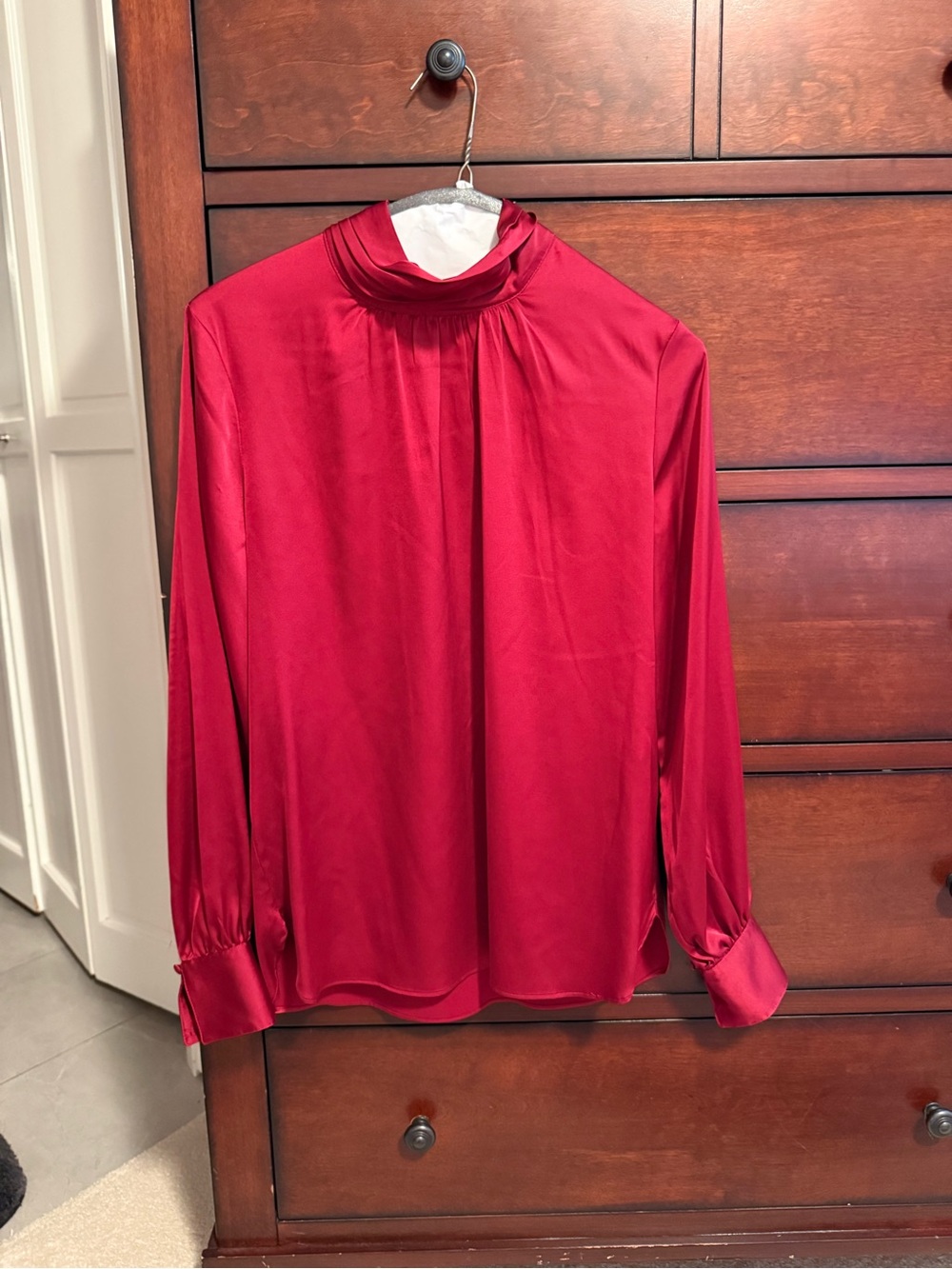 White House Black Market Red Satin High-Neck Blouse